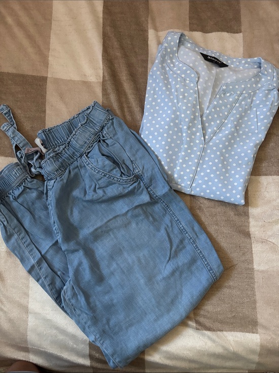 Tops - Blue Polka Dot Blouse and Light Denim Joggers Set